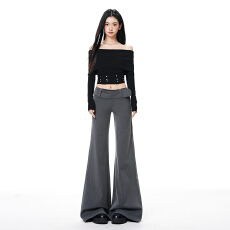 批发法式复古｜低腰宽边腰带｜修身休闲微喇西装裤女