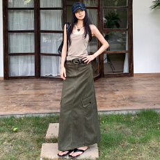 批发美式复古｜后开叉设计｜中长款工装牛仔半身裙女