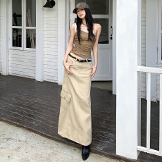 批发美式复古｜后开叉设计｜中长款工装牛仔半身裙女