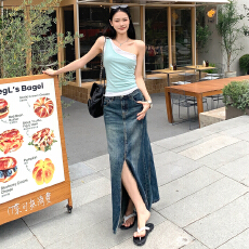 批发美式<b class='q'>复古</b>｜前开叉设计｜包臀牛仔半身裙女