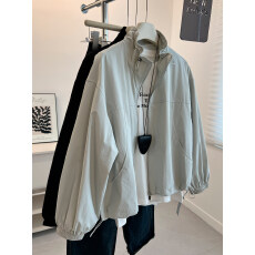 批发【原版工艺】韩版复古风立领拉链开衫外套女宽松中性风风衣<b class='q'>春</b>秋季
