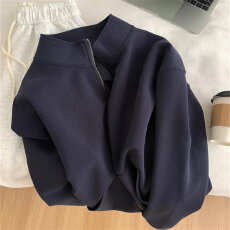 批发显白减龄藏青色立领外套女宽松<b class='q'>韩版</b>空气层春秋款气质百搭拉链<b class='q'>卫衣</b>