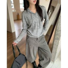 批发【源头工厂】设计感连帽抽绳上衣 杂色花纱显瘦长袖针织衫