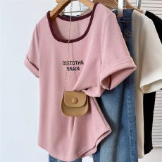 批发夏季薄款正肩短袖t恤女U领字母印花大码女<b class='q'>装</b>百搭遮肚子显瘦女上衣