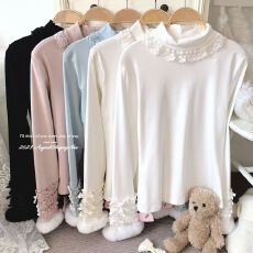 批发高领<b class='q'>可爱</b>毛毛蝴蝶结长袖德绒打底保暖秋冬新款显瘦小众内搭上衣潮