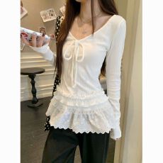 批发法式甜美<b class='q'>V领</b>蕾丝边长袖T恤女秋冬新款高级感时尚洋气修身显瘦上衣