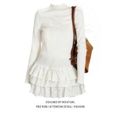 批发德绒保暖半高领长袖<b class='q'>t</b><b class='q'>恤</b>女冬季蛋糕裙修身蕾丝花边内搭打底衫上衣