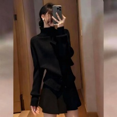 批发秋冬慵懒宽松收腰设计感<b class='q'>高领</b>毛衣女高级感灰色长袖打底针织衫上衣
