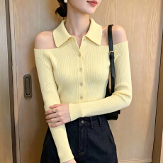批发黄色POLO领针织开衫女秋季港风复古<b class='q'>修身</b>显瘦打底内搭挂脖露肩上衣