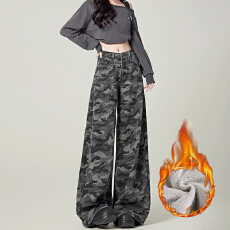 批发美式辣妹<b class='q'>迷彩</b>高腰牛仔<b class='q'>裤</b>女春秋季新款宽松加绒加厚阔腿拖地牛仔<b class='q'>裤</b>