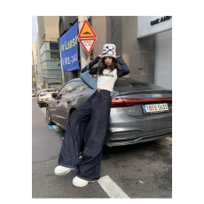 批发美式深蓝色宽松阔腿牛仔裤女2025年<b class='q'>夏</b>季薄高腰小个子直筒拖地裤子