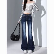 批发辣妹波纹水洗做旧牛仔微喇裤女2025<b class='q'>夏</b>季低腰紧身弹力马蹄长裤子