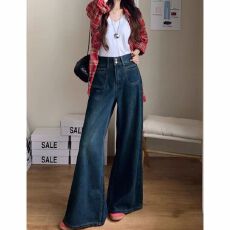 批发黑色直筒牛仔裤女<b class='q'>春秋</b>新款复古高腰阔腿裤宽松拖地裤显瘦拖地裤子