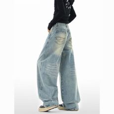 批发美式高街水洗<b class='q'>牛仔裤</b>男女秋季高级感休闲弯刀裤宽松阔腿情侣长裤子