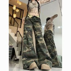 批发春季洋气美式翻边辣妹迷彩牛仔<b class='q'>裤</b>女阔百搭新款低腰宽松<b class='q'>显瘦</b>直筒<b class='q'>裤</b>