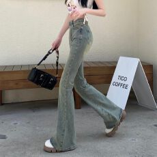 批发复古浅色<b class='q'>微喇</b><b class='q'>牛仔裤</b>女春秋美式高腰显瘦修身马蹄裤直筒拖地喇叭裤