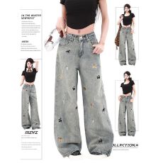 批发趣味小狗刺绣<b class='q'>松紧</b><b class='q'>牛仔裤</b>女美式秋季2026新款直筒宽松高腰阔腿裤