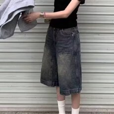 批发美式复古街头水洗<b class='q'>牛仔</b><b class='q'>短裤</b><b class='q'>男</b>女夏季做旧直筒阔腿裤潮牌百搭七分裤