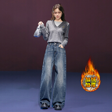 秋冬加绒中腰性感辣妹2025年牛仔裤女怀旧蓝宽松秋冬拖地直筒常规