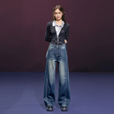 批发泥青蓝微弹力破骨小直筒牛仔长裤神裤包腿型简约百搭牛仔裤