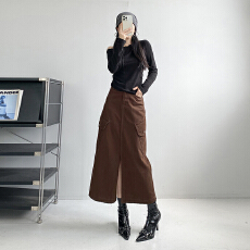 批发<b class='q'>复古</b>咖啡色牛仔裙女显瘦显高百搭秋冬时尚洋气气质A型工装半身裙