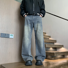 2026新款高品质潮牌牛仔裤高街复古洗水直筒裤美式宽松拖地阔腿裤