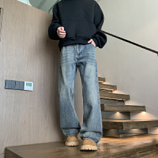 批发2025秋<b class='q'>冬</b>牛仔裤男士宽松半松紧美式怀旧阔腿裤高街复古潮牌直筒裤