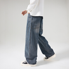 批发美式复古弯刀裤男小众设计感阔腿宽松痞帅复古牛仔裤情侣裤子