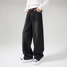 批发美式复古弯刀裤男小众设计感阔腿宽松痞帅牛仔裤情侣裤子