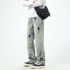 批发2025新款美式牛仔裤男士高街闪电绣标直筒长裤潮牌宽松百搭休闲裤