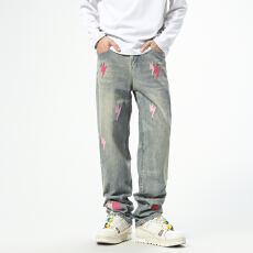 批发2026新款男式高街潮牌牛仔裤 宽松直筒水洗闪电刺绣百搭休闲裤