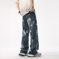 批发美式涂鸦牛仔裤男高街潮牌小众设计感长裤vibe百搭宽松直筒休闲裤