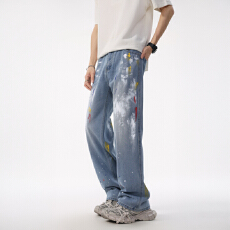 批发2025新款潮牌牛仔裤男士宽松涂鸦直筒长裤高街复古洗水怀旧拖地裤