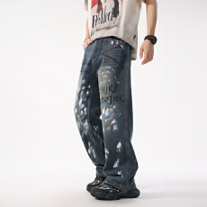 批发2025秋季潮牌牛仔裤男士宽松涂鸦直筒长裤高街复古洗水怀旧拖地裤