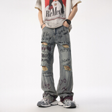 批发2025高品质夏季潮牌牛仔裤宽松涂鸦直筒裤高街复古洗水破洞拖地裤