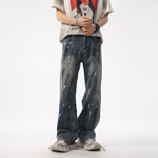 批发2025高品质夏季潮牌牛仔裤宽松涂鸦直筒裤高街复古洗水怀旧拖地裤