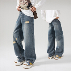 批发美式高街泊克多破洞牛仔裤男潮牌宽松直筒网红休闲百搭长裤子