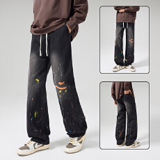 批发2025新款潮流宽松直筒水洗泼墨手绘松紧休闲牛仔裤