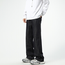 批发2025新款高街牛仔裤男士百搭美式拖地阔腿长裤原牛蓝宽松直筒裤潮