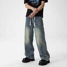 批发2025秋季美式潮牌牛仔裤男士宽松阔版直筒长裤怀旧百搭拖地阔腿裤