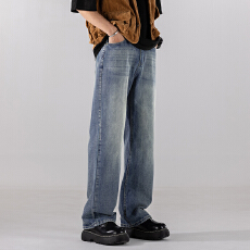 批发2025秋季牛仔裤男士美式vibe潮牌百搭阔腿长裤宽松磨白高街直筒裤
