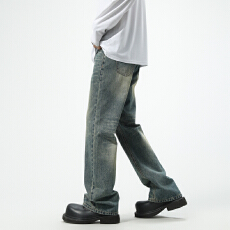 批发2025高街牛仔裤复古洗水美式<b class='q'>潮</b>牌宽松直筒裤半松紧拖地阔腿裤