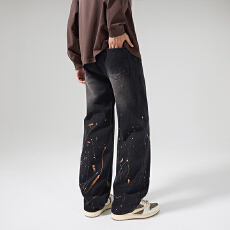 批发2025新款潮流宽松直筒水洗泼墨手绘松紧休闲牛仔裤