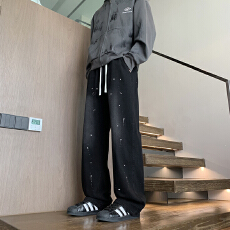 批发黑色泼墨牛仔裤男2025秋冬新款复古宽松休闲水洗做旧痞帅直筒长裤