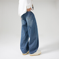 批发美式复古弯刀裤男小众设计感阔腿宽松痞帅牛仔裤<b class='q'>情侣</b><b class='q'>裤子</b>