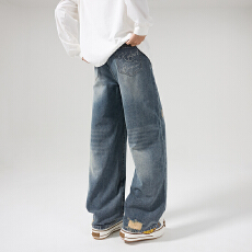 批发美式高街泊克多破洞牛仔裤男潮牌宽松直筒网红休闲百搭长裤子