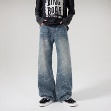 美式hiphop裤子高街ins潮牌提花满印设计感牛仔裤男宽松裤