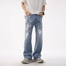 批发2025新款潮牌<b class='q'>牛仔裤</b>男士宽松涂鸦直筒长裤高街复古洗水怀旧拖地裤