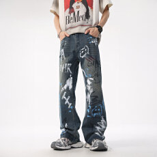批发美式涂鸦<b class='q'>牛仔裤</b>男高街潮牌小众设计感长裤vibe百搭宽松直筒休闲裤