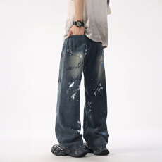 2025秋季潮牌牛仔裤男士宽松涂鸦直筒长裤高街复古洗水怀旧拖地裤